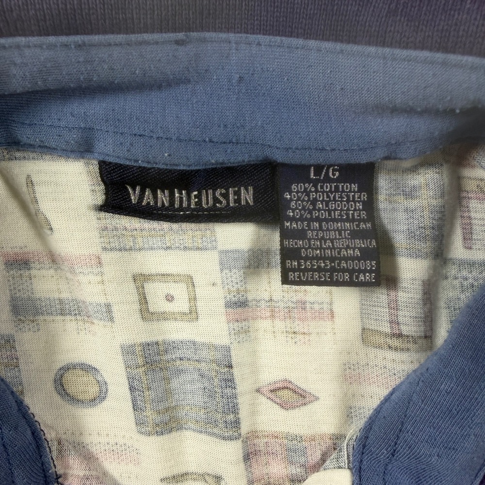 Van Heusen Mens Large Polo Shirt Short Sleeve Golf Geometric Plaid Print Blue L - Picture 6 of 7